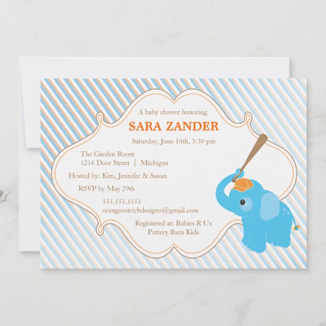 Invitación azul de Baby Shower del elefante (Anverso)