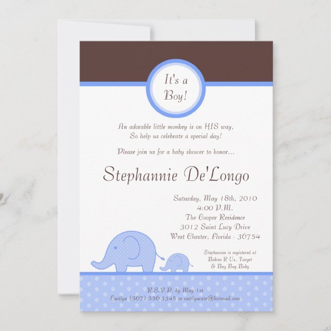 invitación azul de Baby Shower del elefante de la (Anverso)