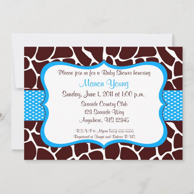 Invitación azul de Baby Shower del estampado de (Anverso)