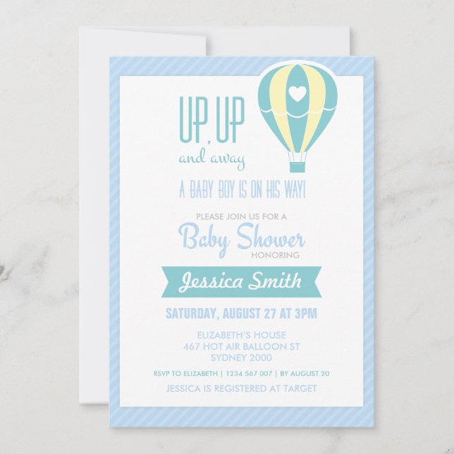 Invitación azul de Baby Shower del globo del aire (Anverso)