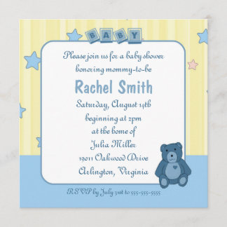 Invitación azul de Baby Shower del oso de peluche