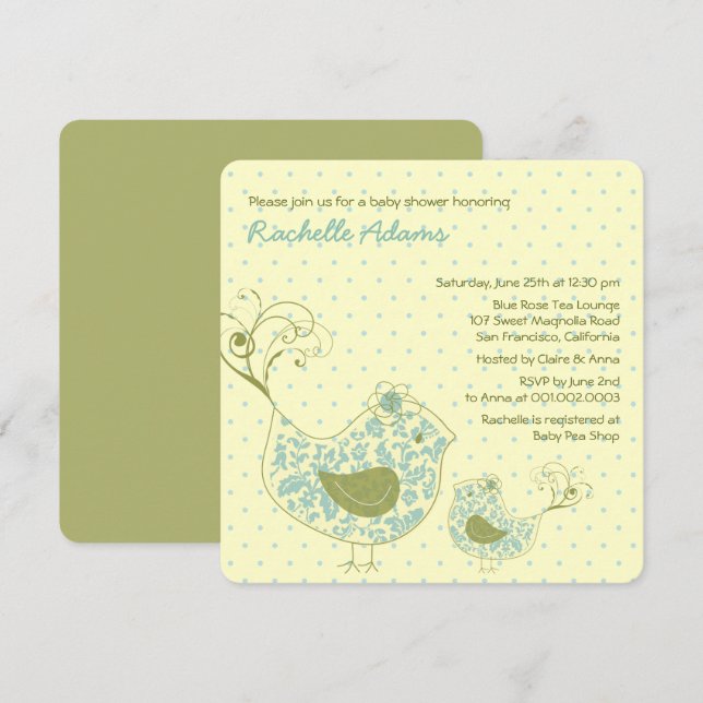 Invitación azul de Baby Shower del pájaro de la (Anverso / Reverso)