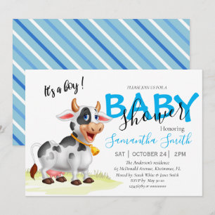 Invitación azul de Baby Shower para vaca de niños
