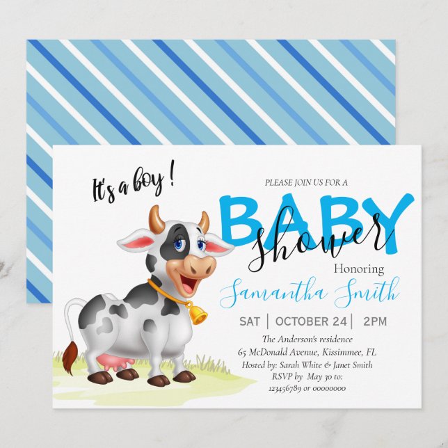Invitación azul de Baby Shower para vaca de niños (Anverso / Reverso)