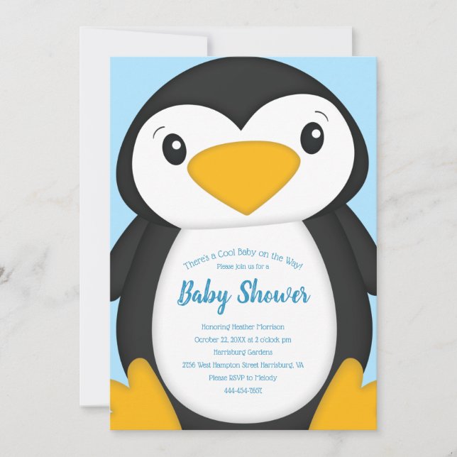 Invitación Azul de Baby Shower pingüino (Anverso)