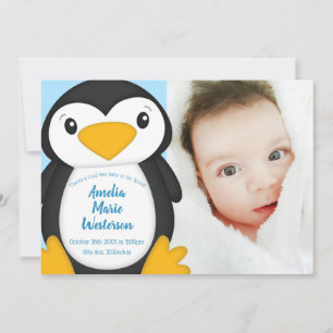 Invitación Azul de Baby Shower pingüino