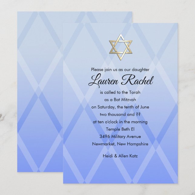 Invitación azul de Bat Mitzvah Harlequin (Anverso / Reverso)