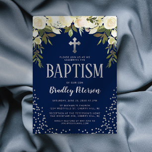 Invitación Azul de Bautizo Floral Plateado Niño Bautizo