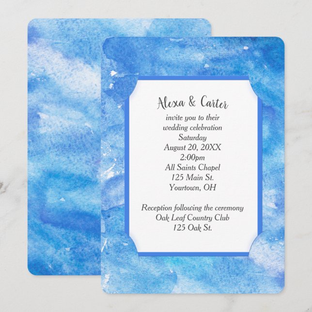 Invitación Azul de boda acuarela abstracto (Anverso / Reverso)