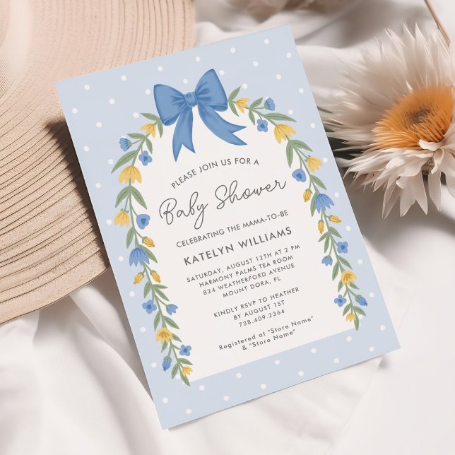 Invitación azul de bonito Bow Floral Baby Shower (Subido por el creador)