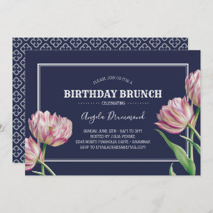 Invitación Azul de brunch de cumpleaños de flor tulipán