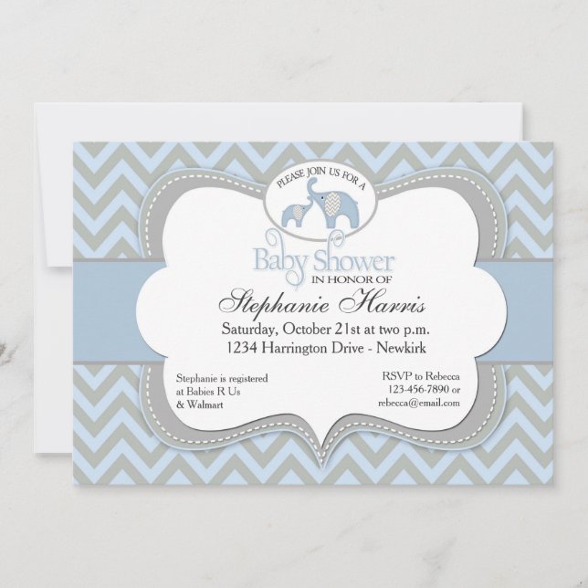 Invitación azul de Chevron Baby Shower del (Anverso)