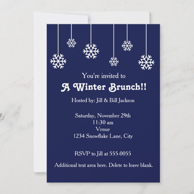Invitación azul de copos de nieve colgantes blanco (Anverso)
