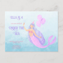 Invitación azul de cumpleaños de sirena bajo el ma