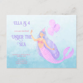 Invitación azul de cumpleaños de sirena bajo el ma