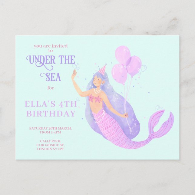 Invitación azul de cumpleaños de sirena bajo el ma (Anverso)