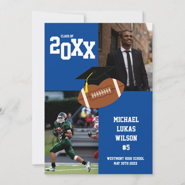 Invitación azul de deportes de graduación de fútbo (Anverso)