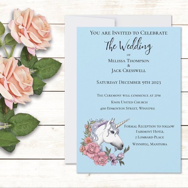 Invitación Azul de flores rosas de unicornio blanco (Subido por el creador)