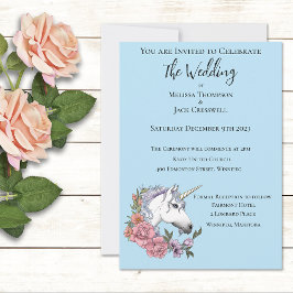 Invitación Azul de flores rosas de unicornio blanco