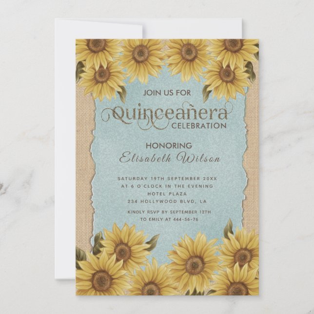 Invitación Azul de girasol vintage Linden Quinceañera (Anverso)