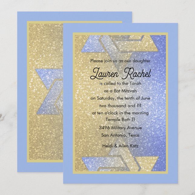 Invitación azul de gradiente Purpurinoso Bat Mitzv (Anverso / Reverso)