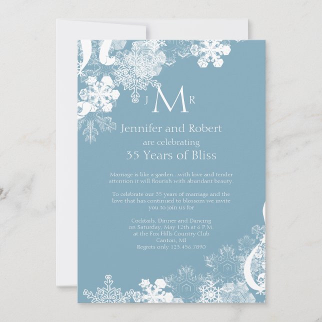 Invitación Azul de Invierno Blanco Copo de Nieve Boda Anivers (Anverso)