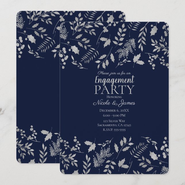 Invitación Azul de Invierno y Hojas Botánicas de Plata Compro (Anverso / Reverso)