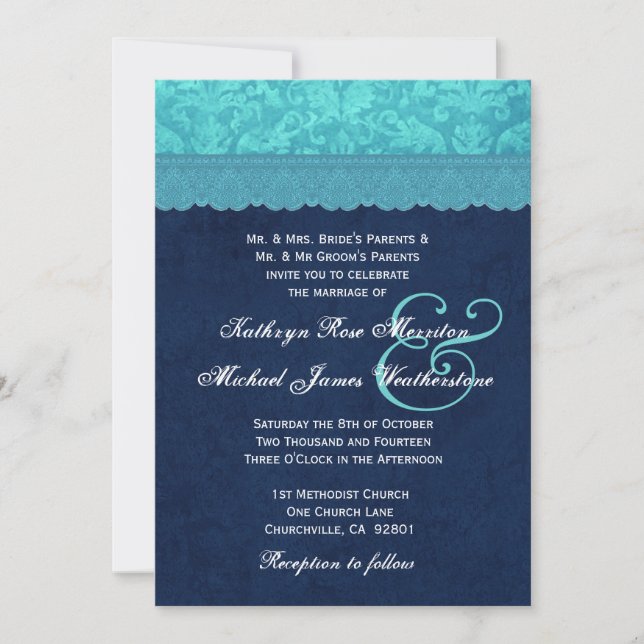 Invitación Azul de la aguamarina y damasco de la marina de (Anverso)
