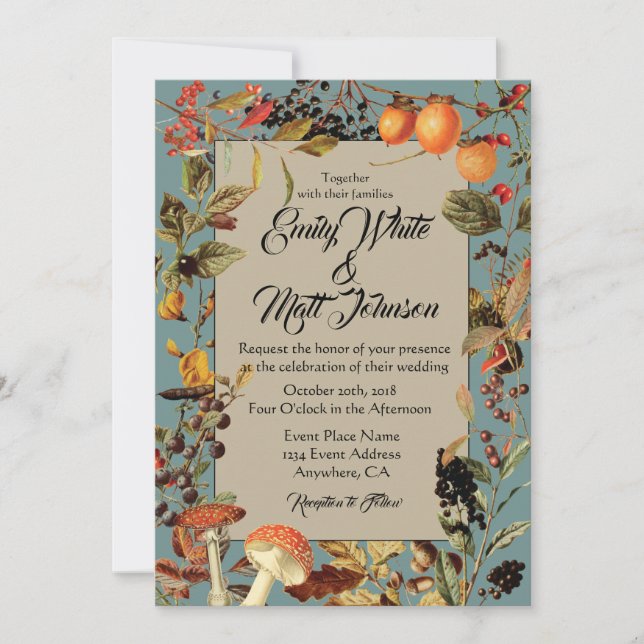 Invitación azul de la boda del follaje de otoño de (Anverso)