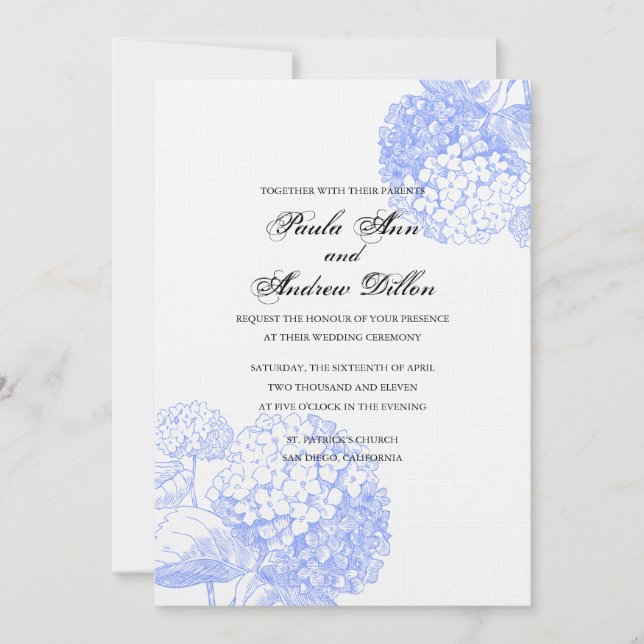 Invitación azul de la boda del Hydrangea (Anverso)