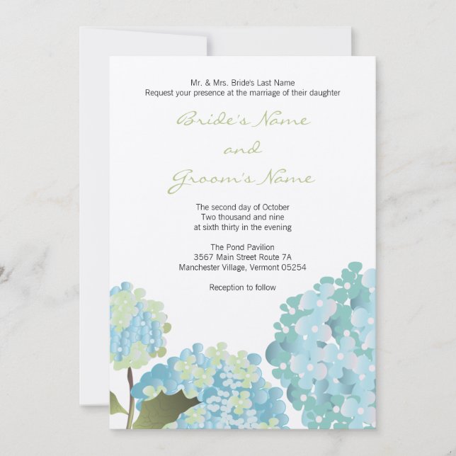 Invitación azul de la boda del Hydrangea (Anverso)
