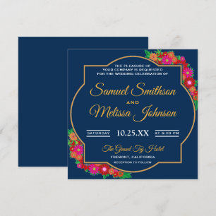Invitación azul de la boda del marco floral