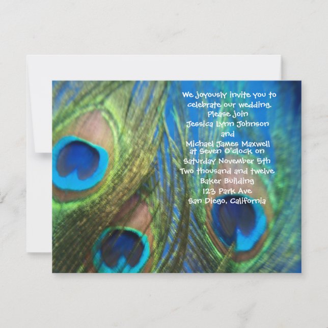 Invitación azul de la boda del pavo real (Anverso)