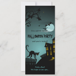 Invitación Azul de la casa perdida de gato negro de Halloween