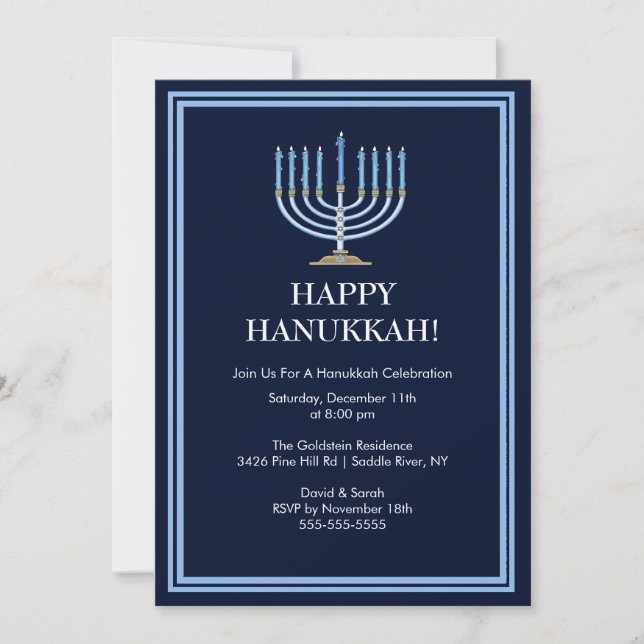 Invitación azul de la celebración de Menorah (Anverso)