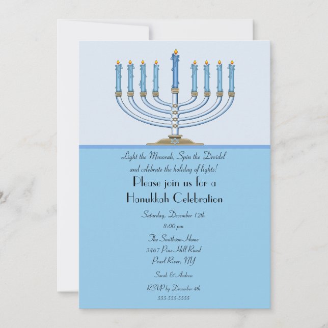 Invitación azul de la celebración de Menorah (Anverso)