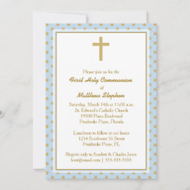 Invitación Azul de la comunión con los lunares del oro