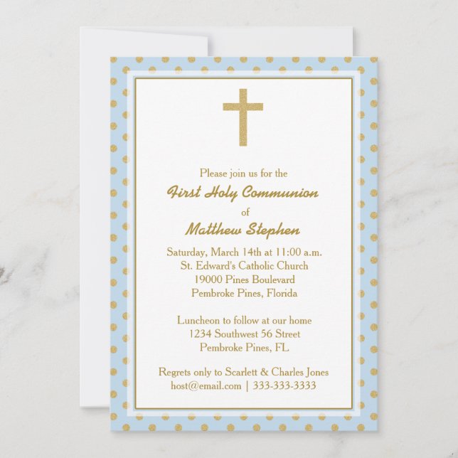 Invitación Azul de la comunión con los lunares del oro (Anverso)