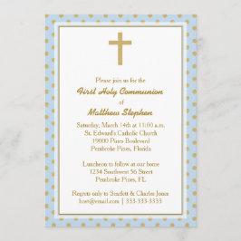 Invitación Azul de la comunión con los lunares del oro