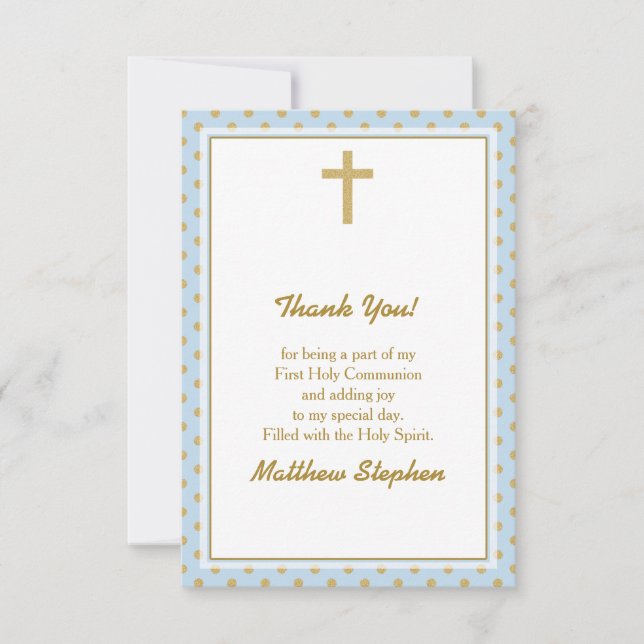 Invitación Azul de la comunión con puntos de polka de oro (Anverso)