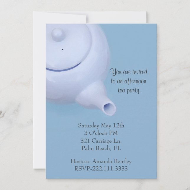 Invitación azul de la fiesta del té (Anverso)