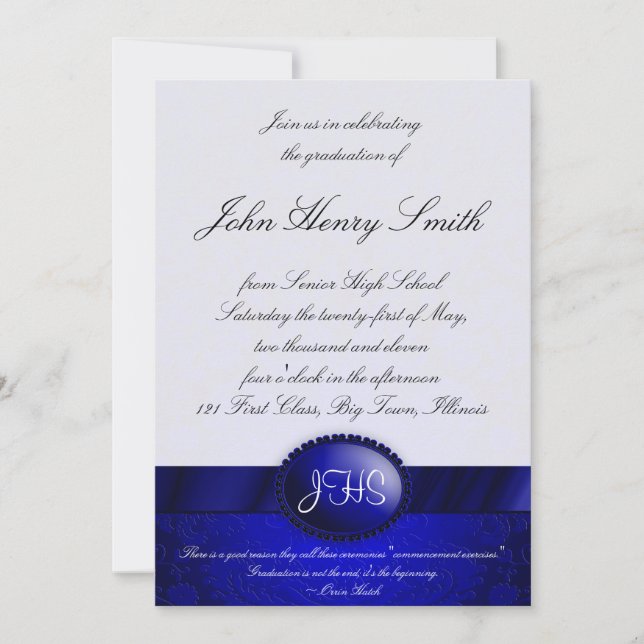 Invitación azul de la graduación de la cinta del (Anverso)