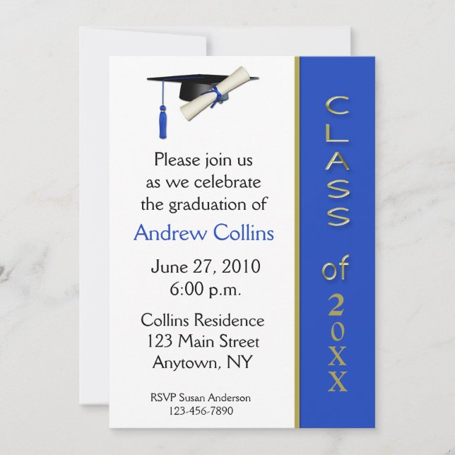 Invitación azul de la graduación del oro del (Anverso)