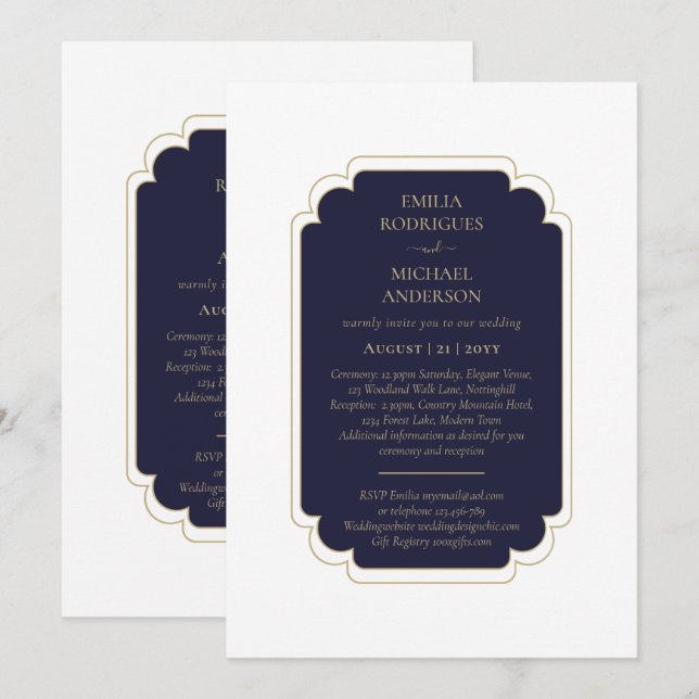 Invitación Azul de la Marina Boda BILINGUAL de doble lado (Anverso / Reverso)