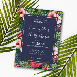 Invitación Azul de la Marina Boda de Hibiscus floral tropical