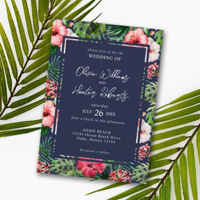 Invitación Azul de la Marina Boda de Hibiscus floral tropical (Subido por el creador)