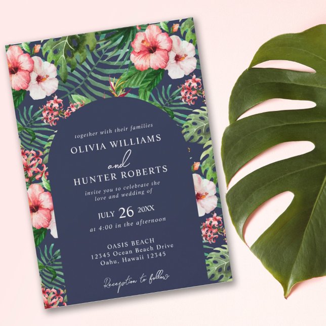 Invitación Azul de la Marina Boda del Arco de Hibiscus Tropic (Subido por el creador)