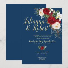 Invitación Azul de la Marina Boho y acuarela floral borgoñona