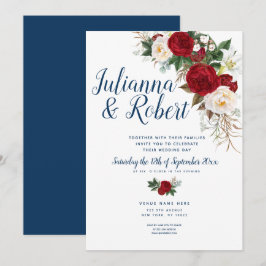 Invitación Azul de la Marina Boho y acuarela floral borgoñona