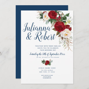 Invitación Azul de la Marina Boho y acuarela floral borgoñona